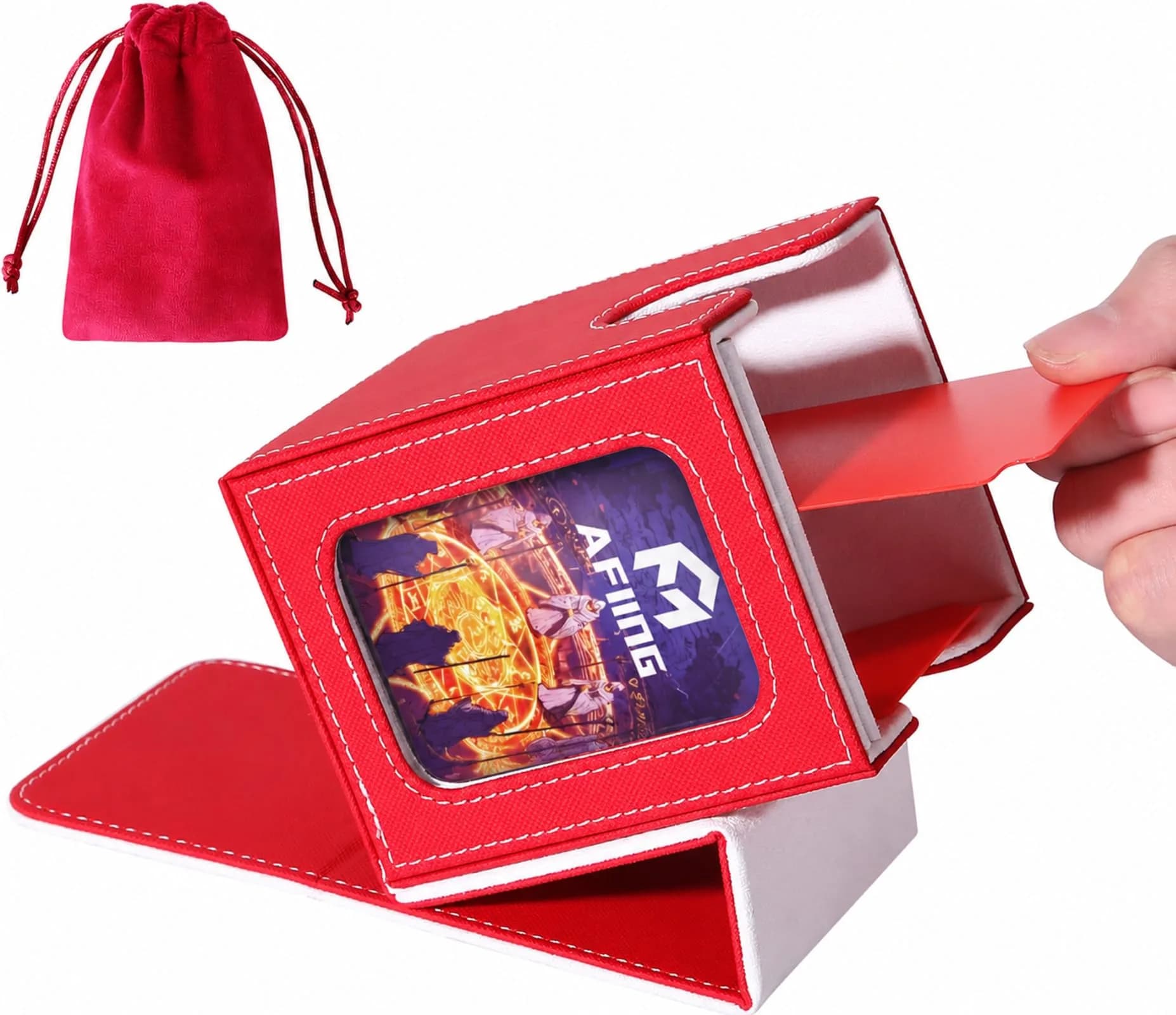 AFIING Commander Deck Box with Commander Display Window & Dice Bag, 100 Double-Sleeved Cards or 120 Single-Sleeved Cards, PU Leather, Magnetic Closure (Red/White) — Commander Red White