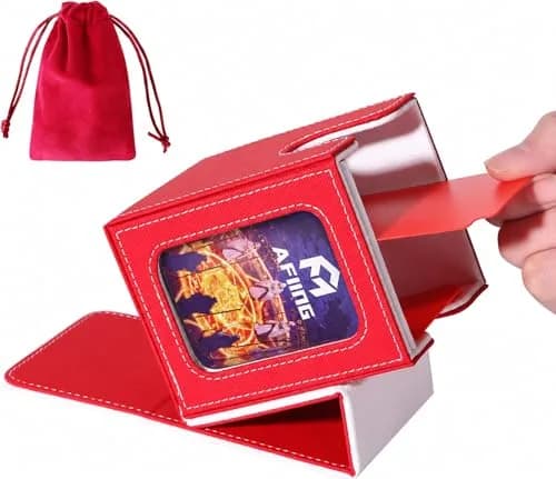 AFIING Commander Deck Box with Commander Display Window & Dice Bag, 100 Double-Sleeved Cards or 120 Single-Sleeved Cards, PU Leather, Magnetic Closure (Red/White) thumbnail 1