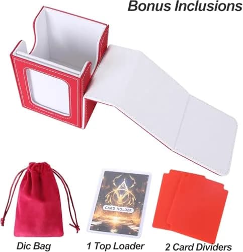 AFIING Commander Deck Box with Commander Display Window & Dice Bag, 100 Double-Sleeved Cards or 120 Single-Sleeved Cards, PU Leather, Magnetic Closure (Red/White) thumbnail 5