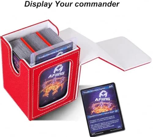 AFIING Commander Deck Box with Commander Display Window & Dice Bag, 100 Double-Sleeved Cards or 120 Single-Sleeved Cards, PU Leather, Magnetic Closure (Red/White) thumbnail 2