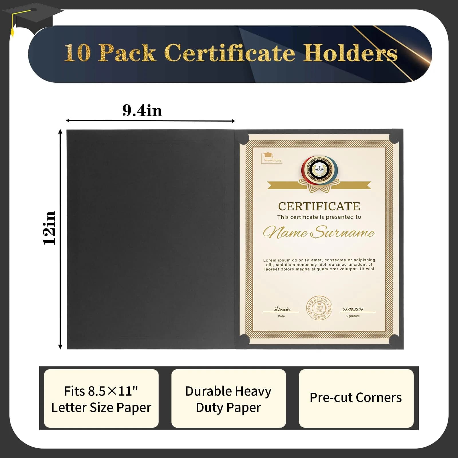 COIDEA Black Certificate Holders 10-Pack | 24.4cm x 30.6cm (9.4" x 12") Diploma Covers - view 2