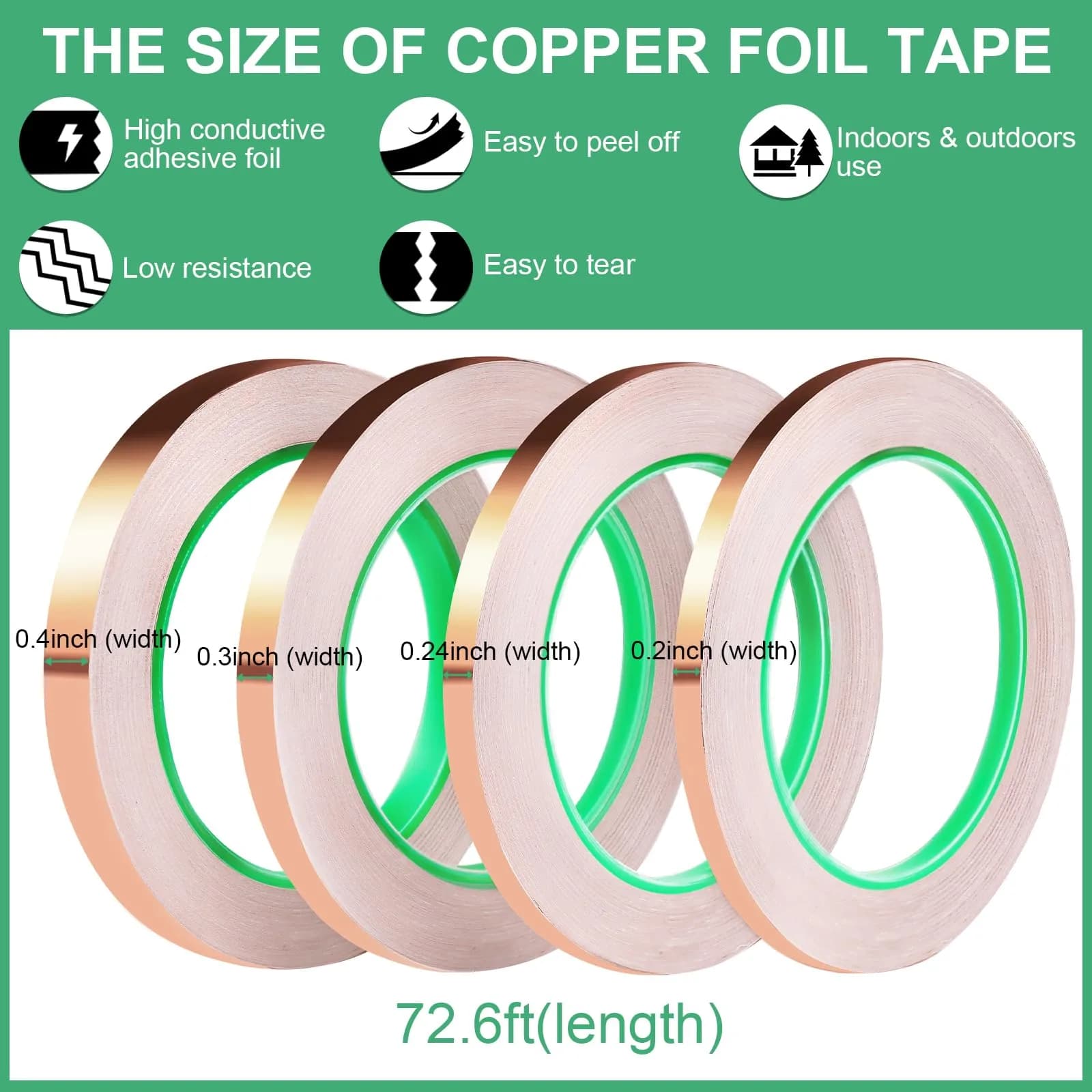 LOVIMAG Copper Foil Tape 4 Sizes (0.2-0.4 Inch) x 72.6FT | High Conductivity for Electronics & Crafts - view 3