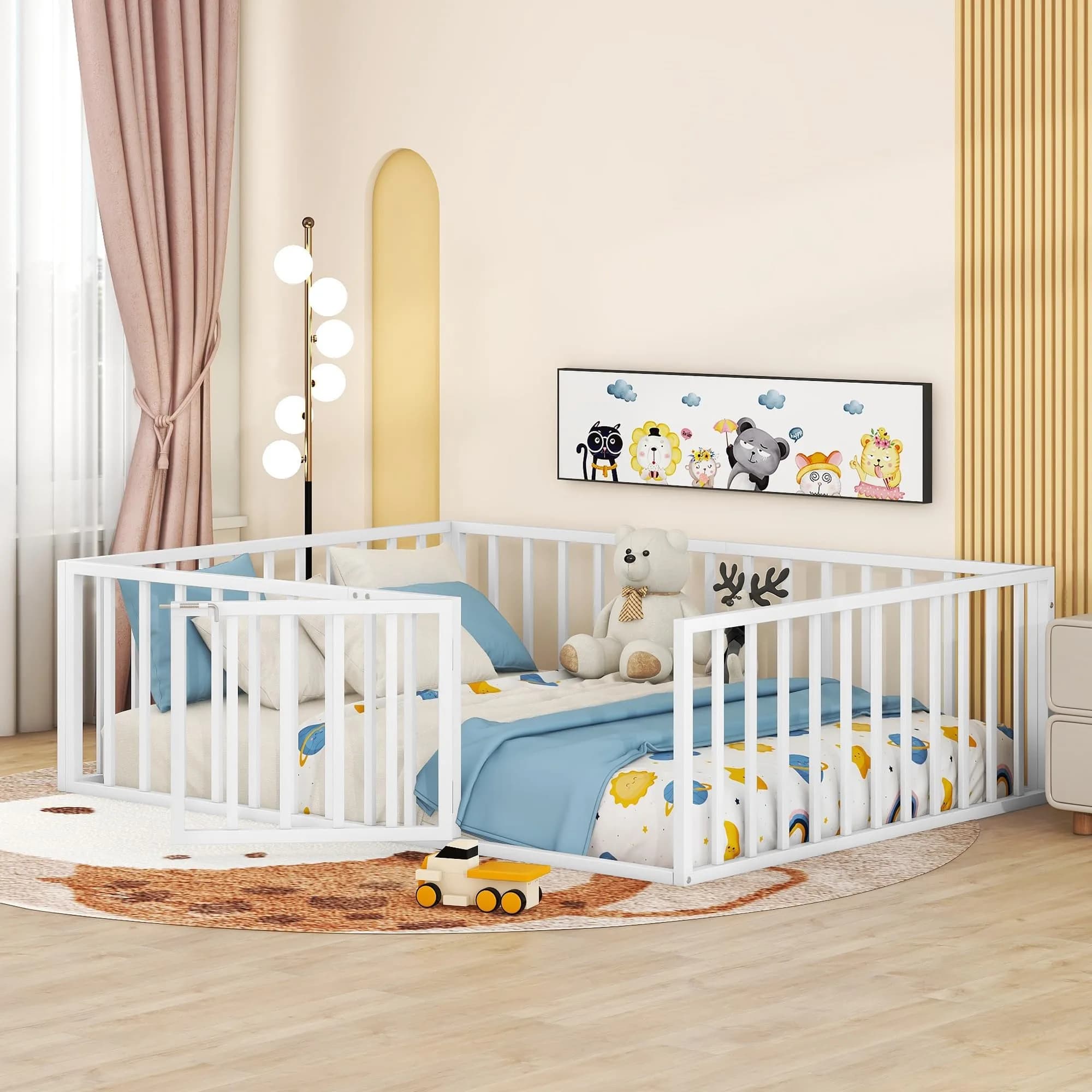 Brisca Full Size Metal Floor Bed Frame with Fence and Door | Versatile Montessori Kids Bed, No Box Spring Needed, Easy to Install, White