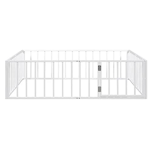 Brisca Full Size Metal Floor Bed Frame with Fence and Door | Versatile Montessori Kids Bed, No Box Spring Needed, Easy to Install, White thumbnail 4