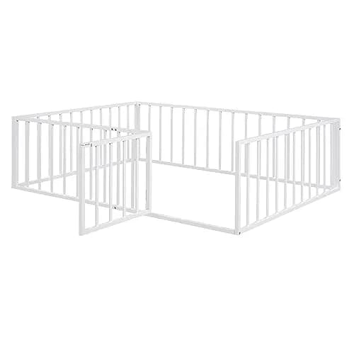 Brisca Full Size Metal Floor Bed Frame with Fence and Door | Versatile Montessori Kids Bed, No Box Spring Needed, Easy to Install, White thumbnail 5