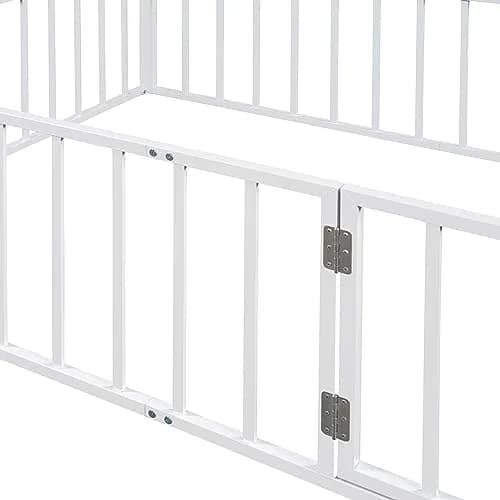 Brisca Full Size Metal Floor Bed Frame with Fence and Door | Versatile Montessori Kids Bed, No Box Spring Needed, Easy to Install, White thumbnail 6