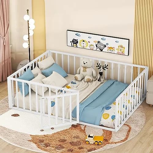 Brisca Full Size Metal Floor Bed Frame with Fence and Door | Versatile Montessori Kids Bed, No Box Spring Needed, Easy to Install, White thumbnail 2