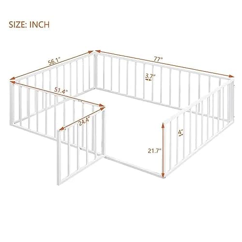 Brisca Full Size Metal Floor Bed Frame with Fence and Door | Versatile Montessori Kids Bed, No Box Spring Needed, Easy to Install, White thumbnail 3