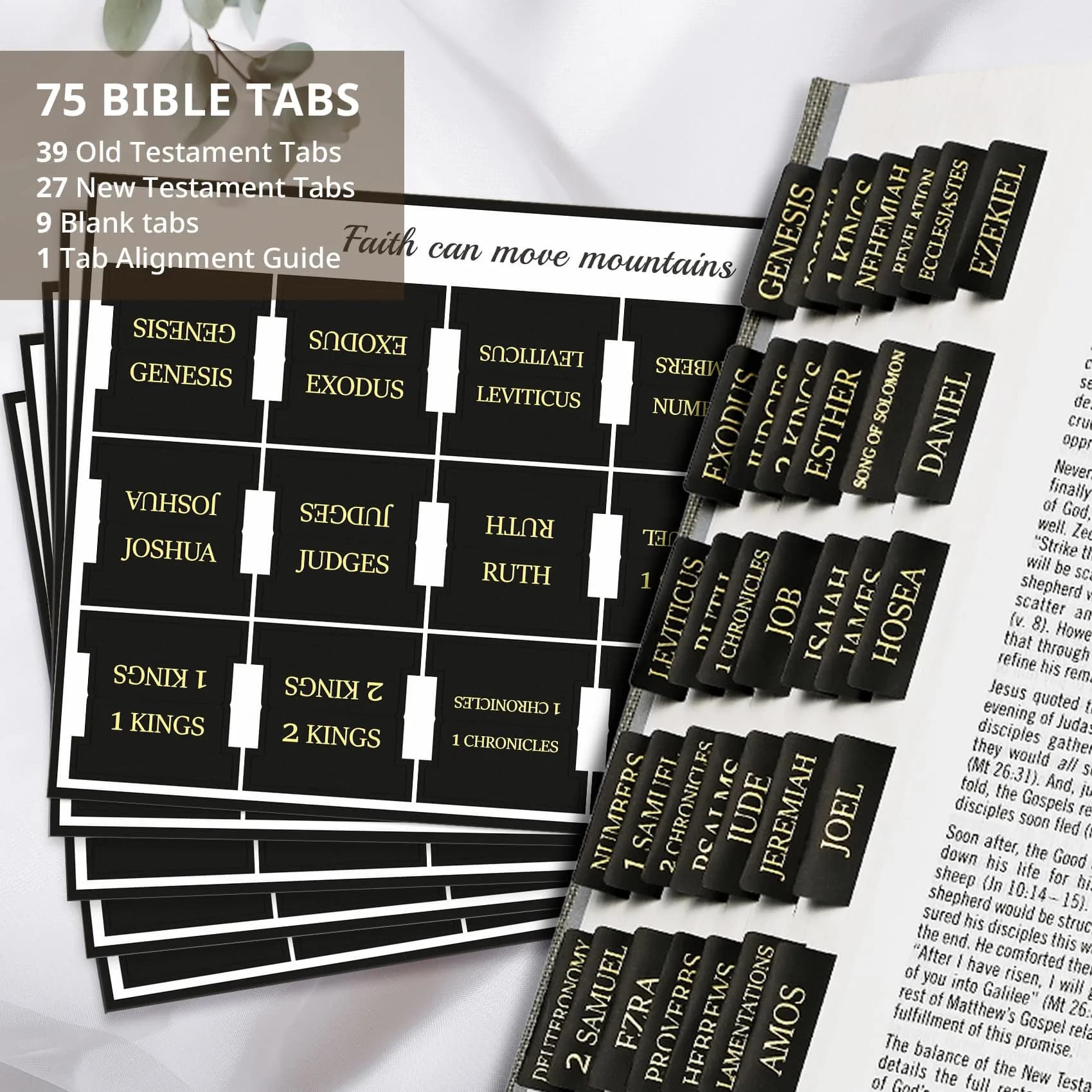 Taja Bible Tabs for Women & Men, Large Print Bible Index Tabs for Easy Navigation, Old & New Testament, 66 Tabs + 9 Blank - Black - view 2