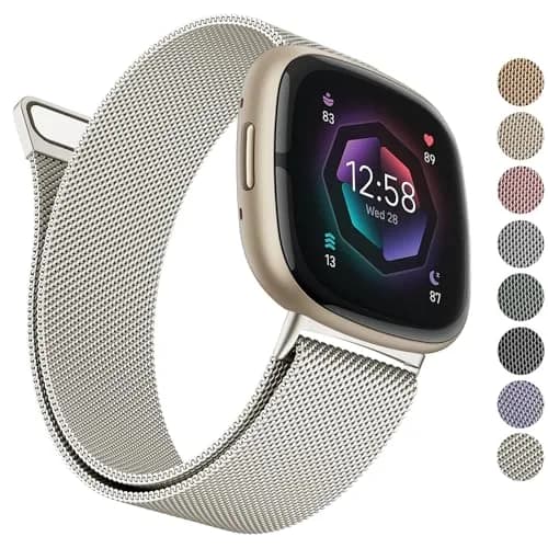 AK Metal Band Compatible with Fitbit Sense 2 / Versa 4 / Versa 3, Stainless Steel Mesh Loop Magnetic Replacement Strap for Smartwatch (Small, Starlight) thumbnail 1