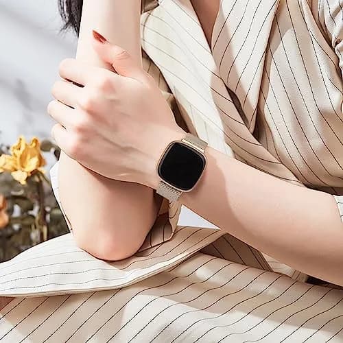 AK Metal Band Compatible with Fitbit Sense 2 / Versa 4 / Versa 3, Stainless Steel Mesh Loop Magnetic Replacement Strap for Smartwatch (Small, Starlight) thumbnail 5
