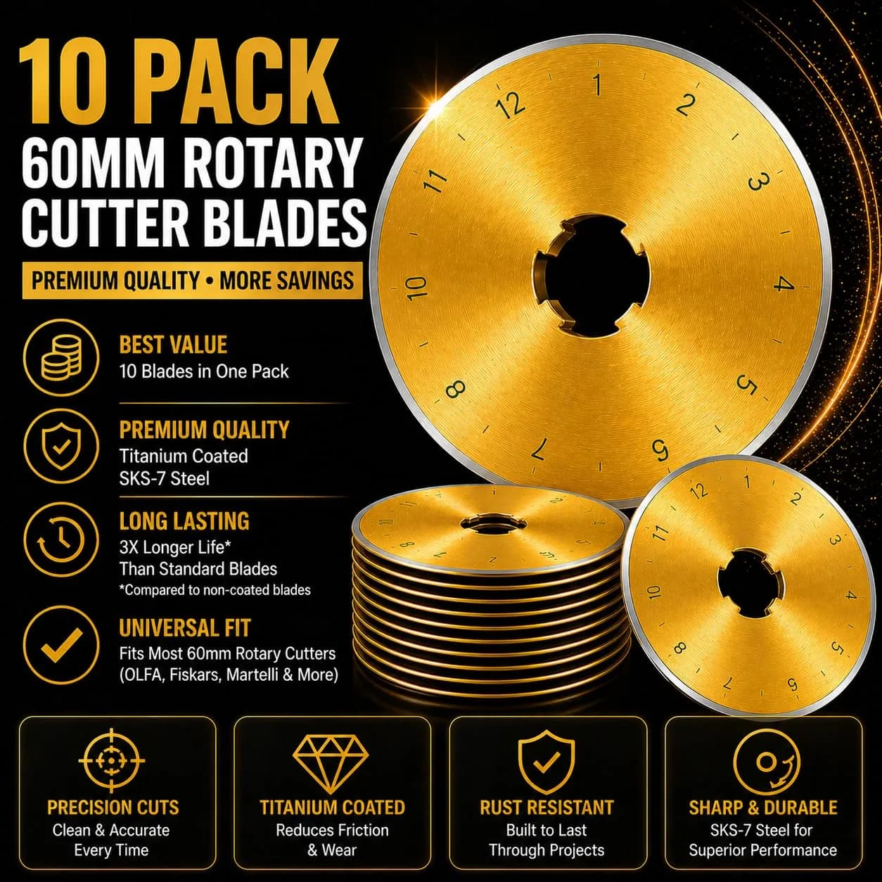Kingsource 60mm Rotary Cutter Blades 10 Pack Titanium Coated SKS-7 Steel | Durable Replacement Blades for Quilting, Sewing, Fabric Cutting - view 2