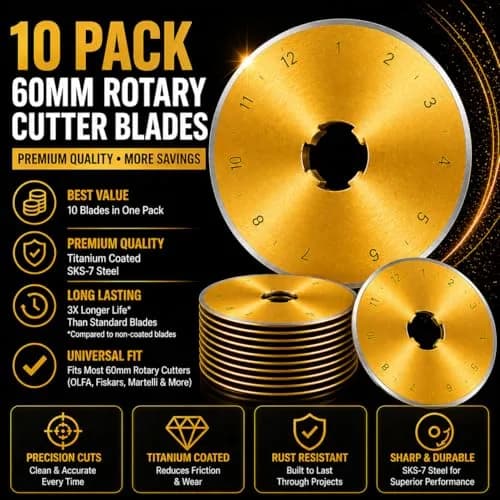 Kingsource 60mm Rotary Cutter Blades 10 Pack Titanium Coated SKS-7 Steel | Durable Replacement Blades for Quilting, Sewing, Fabric Cutting thumbnail 2