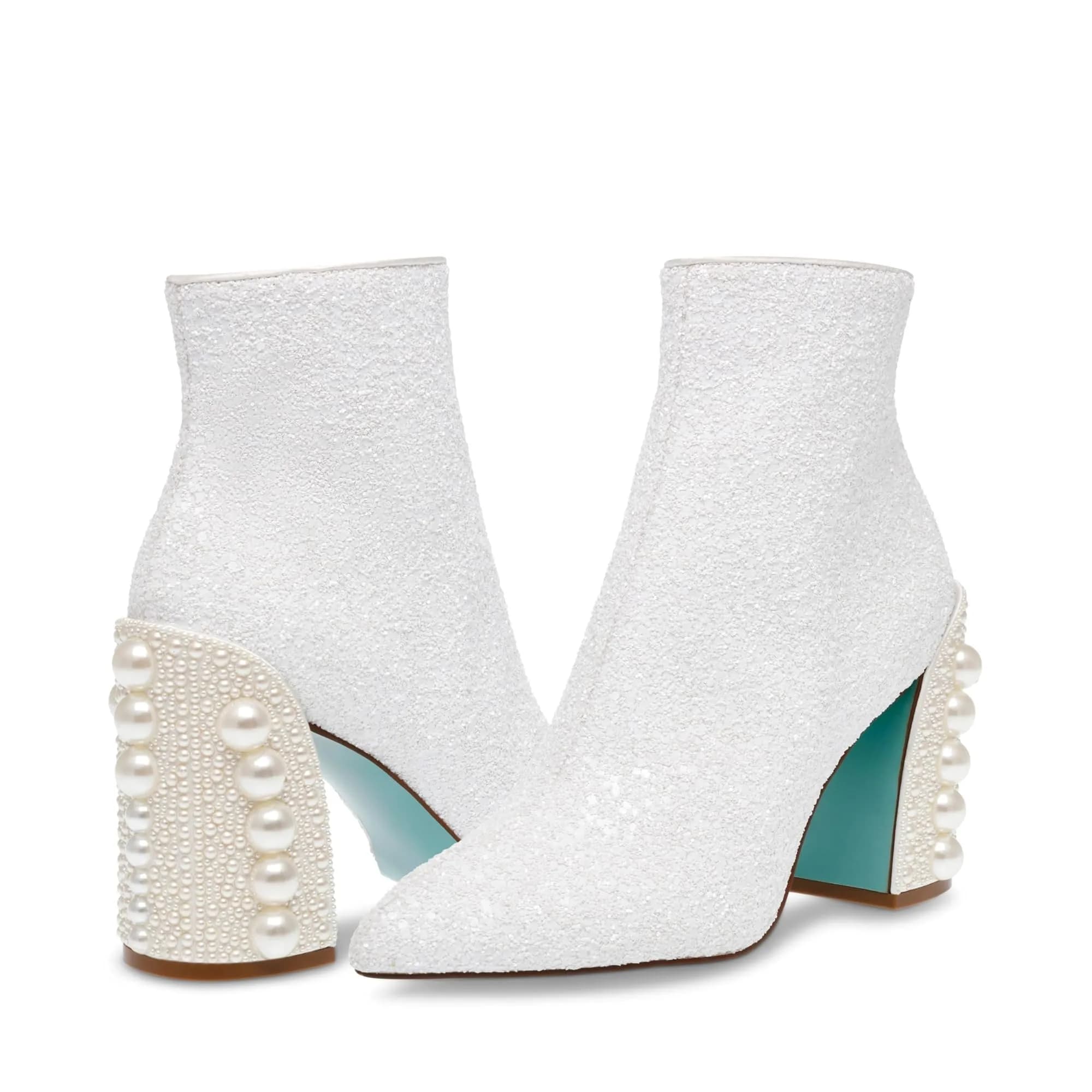 Betsey Johnson Kasey Ankle Boot, White, 6 | Pearl-embellished Block Heel, 3.5in