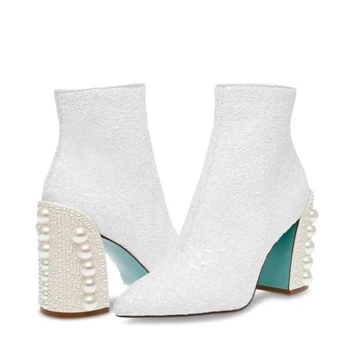 Betsey Johnson Kasey Ankle Boot, White, 6 | Pearl-embellished Block Heel, 3.5in thumbnail 1