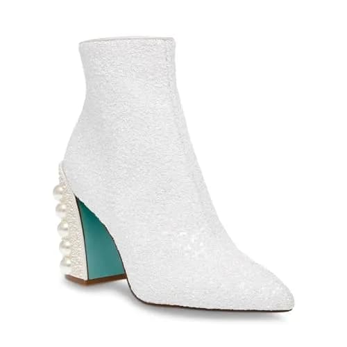 Betsey Johnson Kasey Ankle Boot, White, 6 | Pearl-embellished Block Heel, 3.5in thumbnail 7