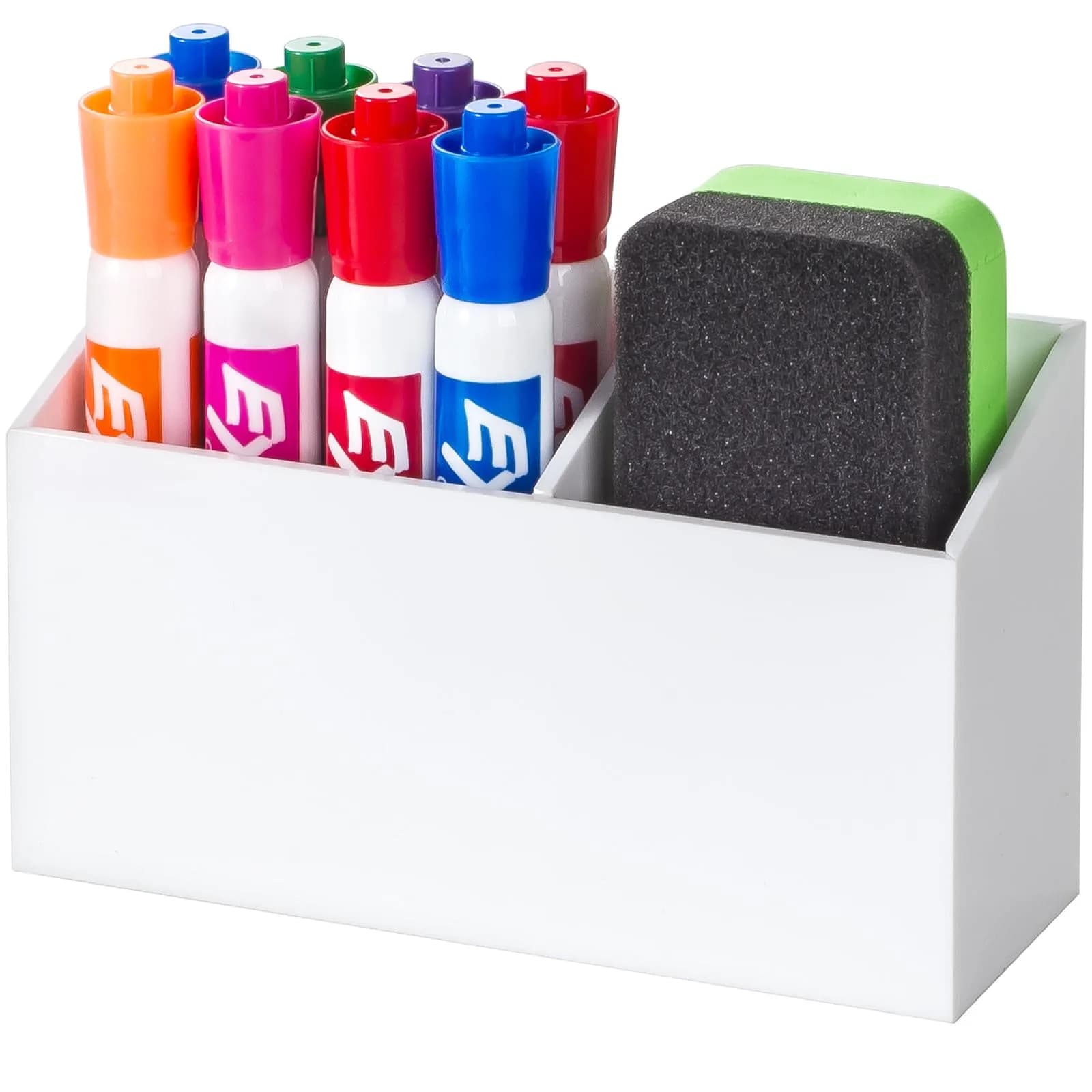 BEYGORM Magnetic Dry Erase Marker Holder White 2 Compartments | Strong Magnets & Anti-Slip for Whiteboards & Fridges — White