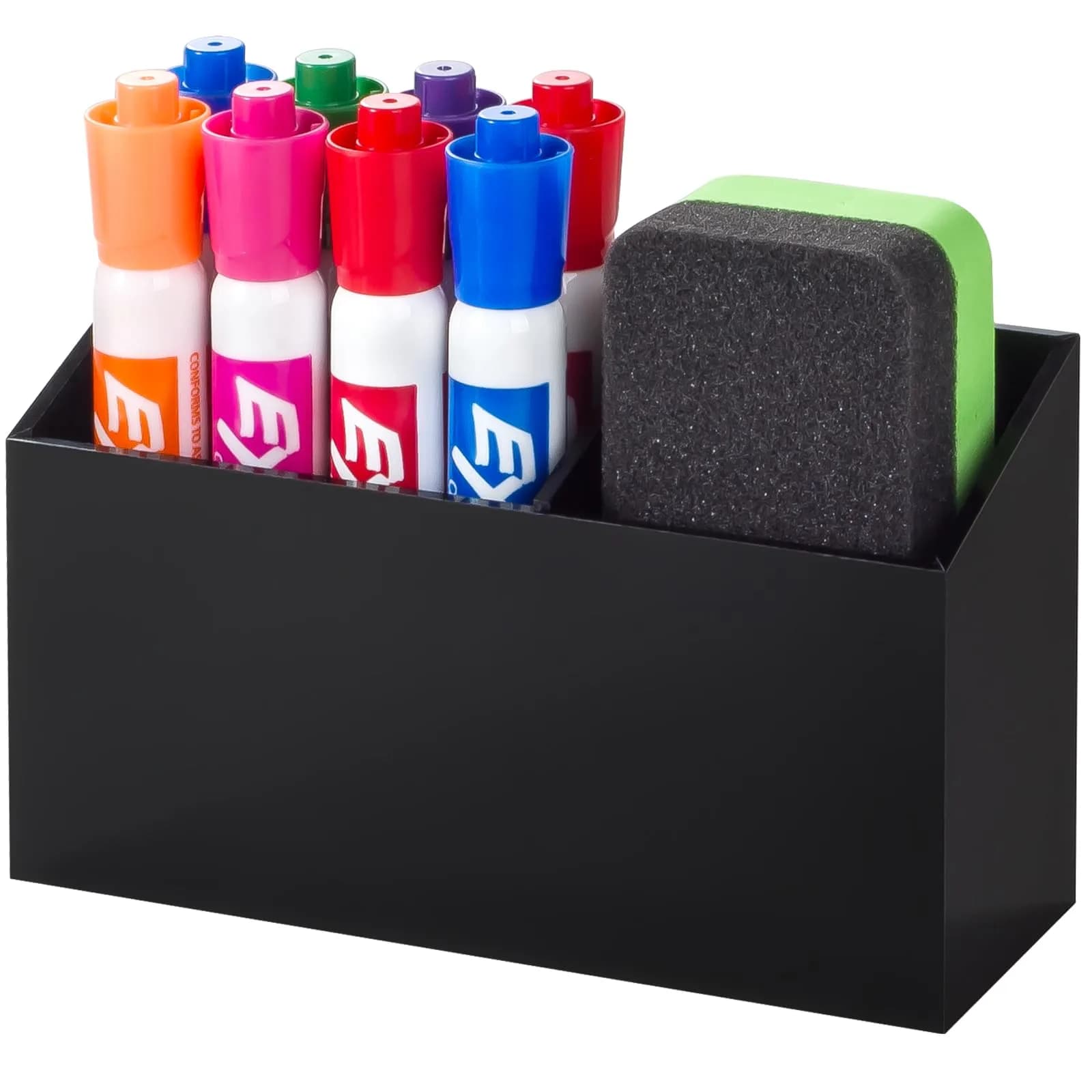 BEYGORM Magnetic Dry Erase Marker Holder White 2 Compartments | Strong Magnets & Anti-Slip for Whiteboards & Fridges — Black