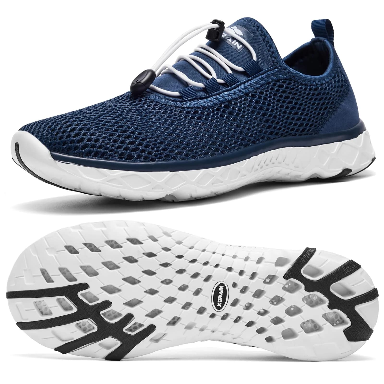ALEADER Xdrain Water Shoes for Men, Quick-Dry Beach Aqua Hiking Pool Swim Shoes, Water Sneakers Navy Size 8.5 (268 ml) — Navy/White