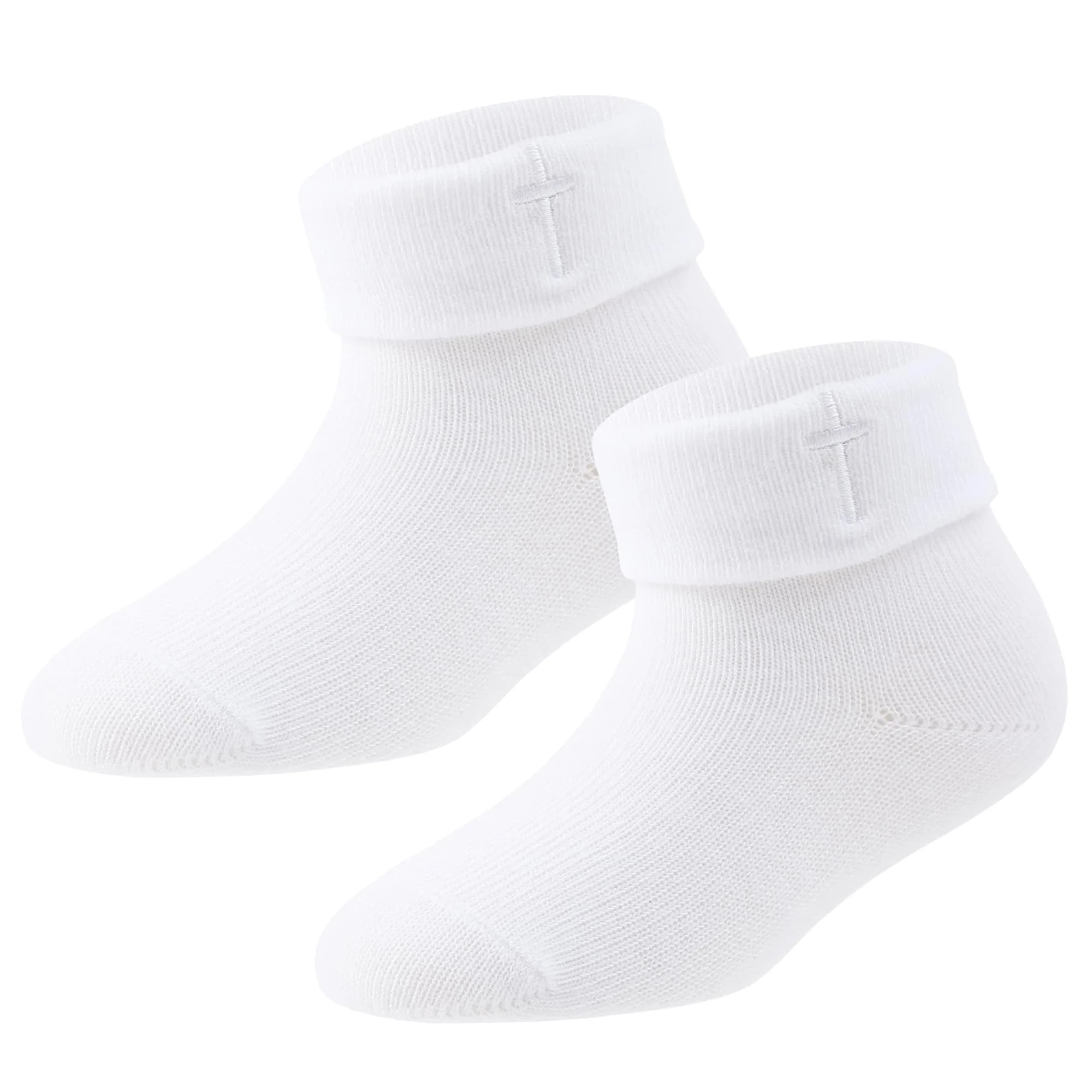 KESICI Baby Baptism Socks for Girls 0-12 Months | Cross & Lace, White, Ankle Length — White
