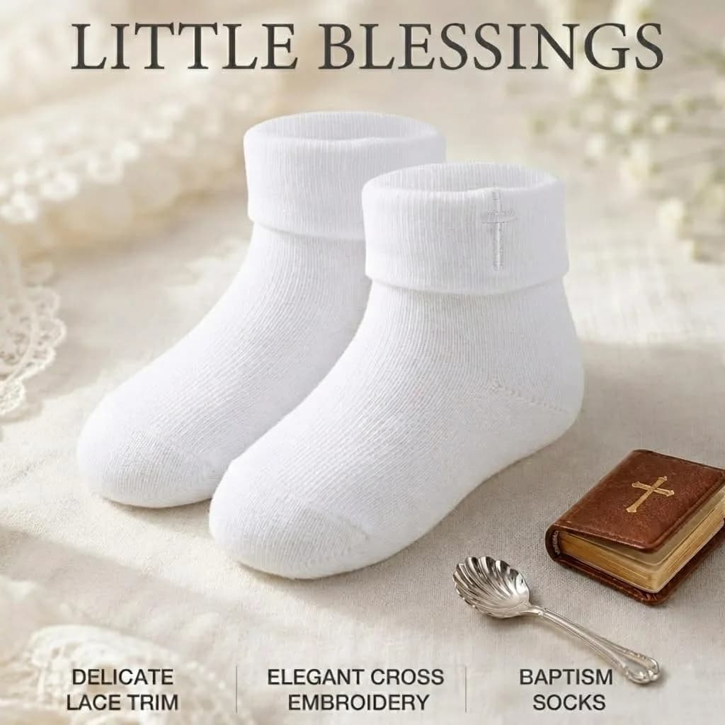 KESICI Newborn Baptism Socks Infant Ankle Crew Socks White Turn cuff Christening Cotton Socks for Baby Boys Girls,0-12 Months | Elegant & Soft thumbnail 5