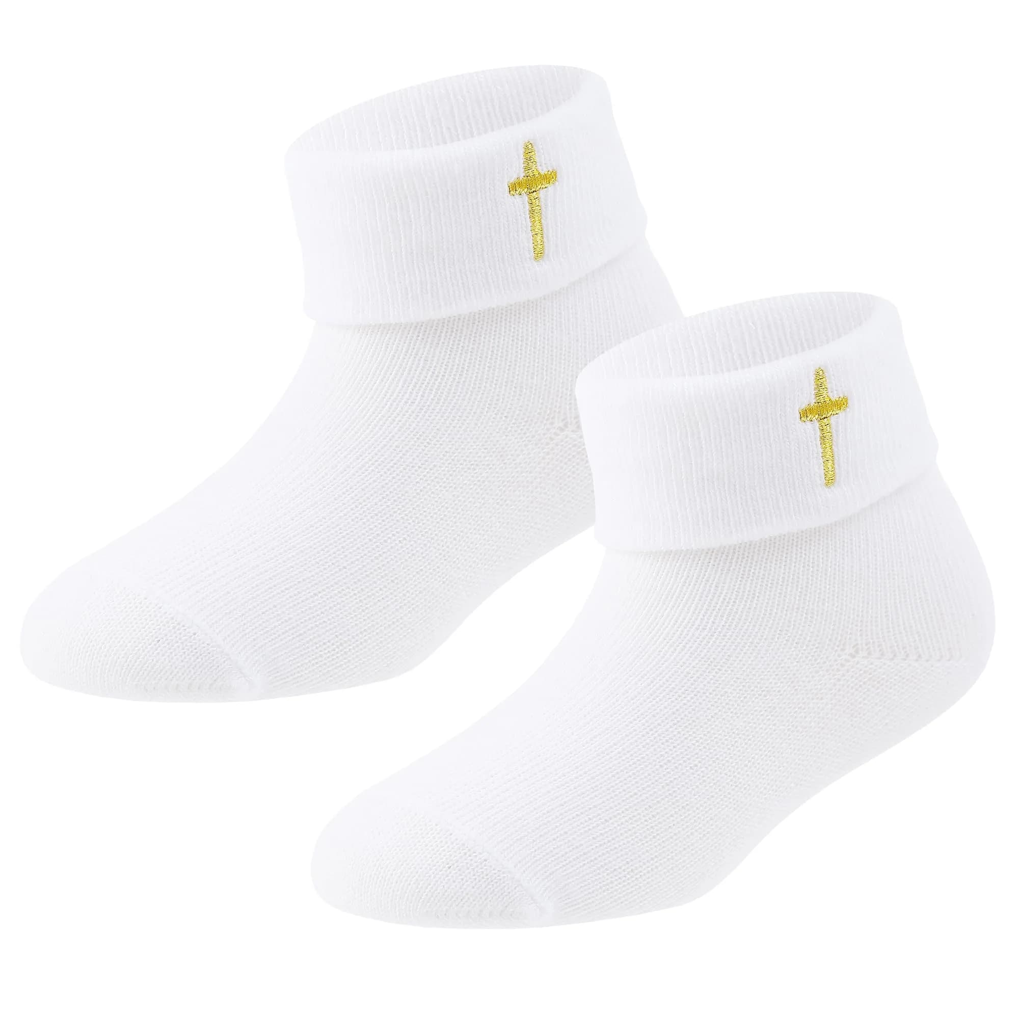 KESICI Baby Baptism Socks for Girls 0-12 Months | Cross & Lace, White, Ankle Length — Gold