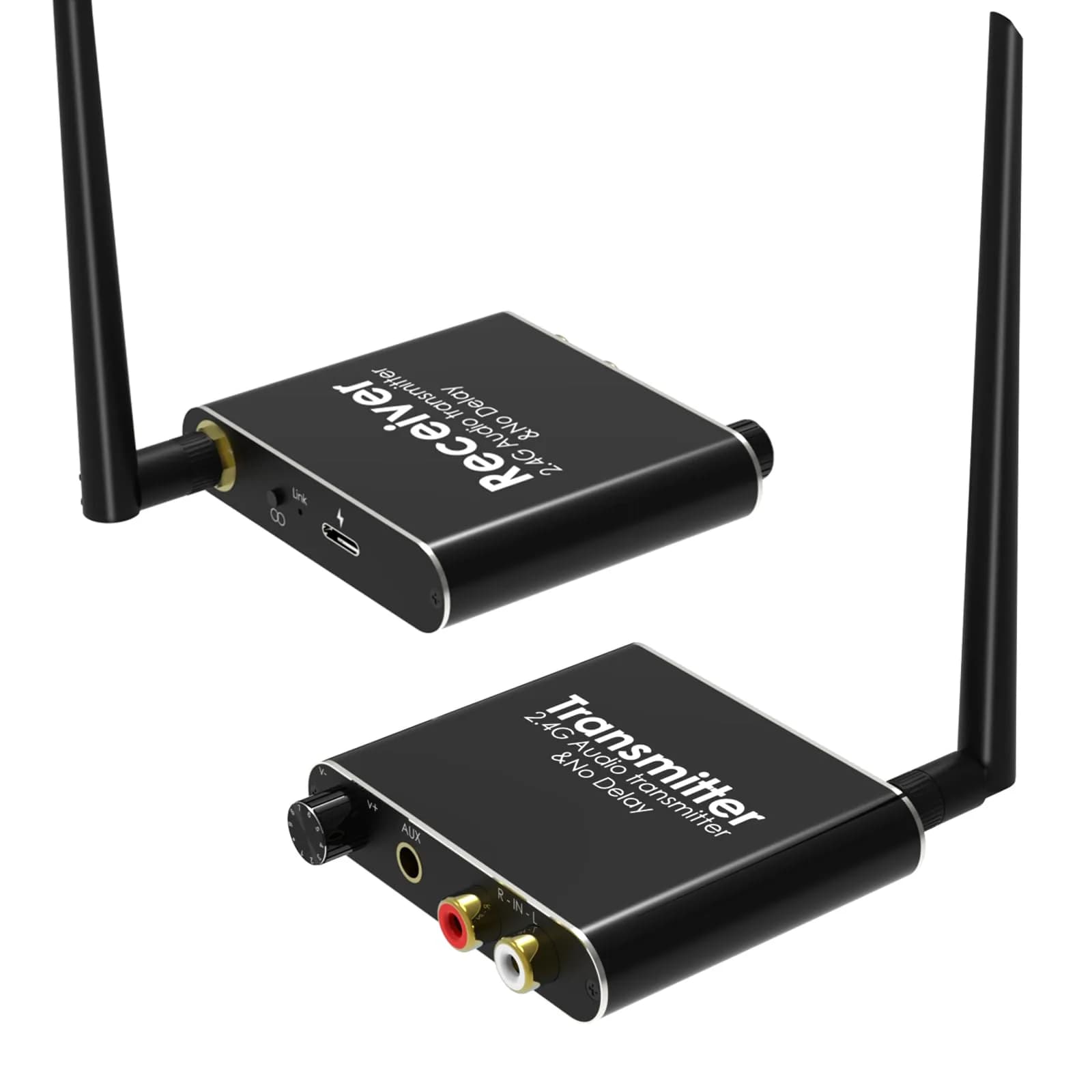 Tendak Wireless Audio Transmitter Receiver Set 2.4GHz | Long Range, Low Delay, RCA & 3.5mm Out/Input — Black