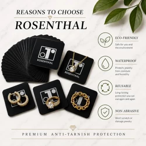Rosenthal Collection 50 Anti-Tarnish Strips 1"x1" Tabs for Jewelry Storage, Silver Protection, Prevent Tarnish on Rings, Necklaces, Earrings, Watches thumbnail 2