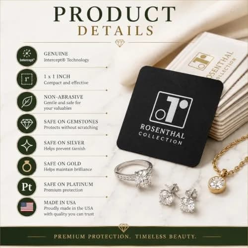 Rosenthal Collection 50 Anti-Tarnish Strips 1"x1" Tabs for Jewelry Storage, Silver Protection, Prevent Tarnish on Rings, Necklaces, Earrings, Watches thumbnail 3