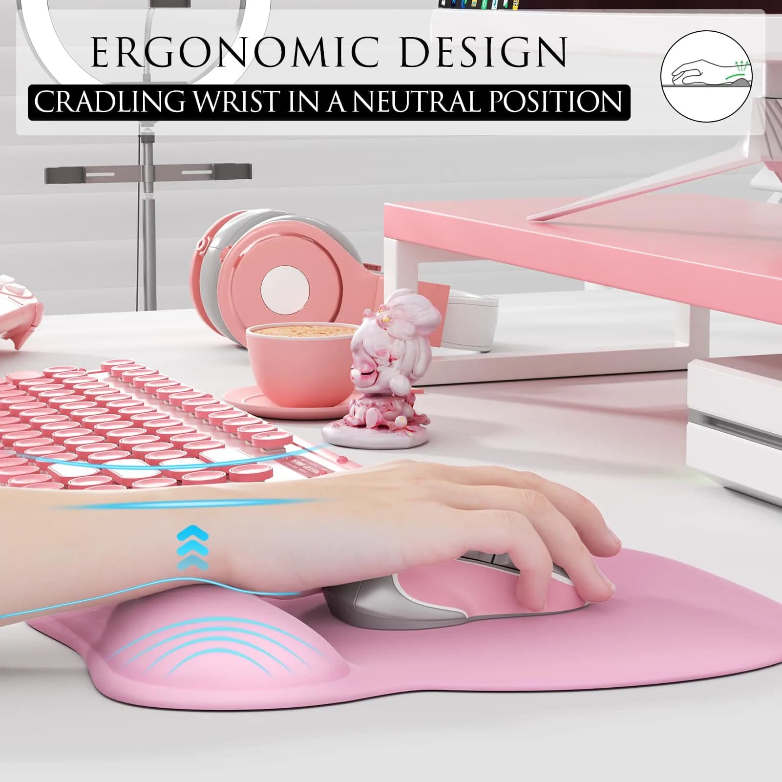 MROCO Ergonomic Mouse Pad with Gel Wrist Rest, 21.8 cm (8.6 in) x 24.4 cm (9.6 in), Pale Pink | Smooth Lycra Surface & Non-Slip PU Base - view 5