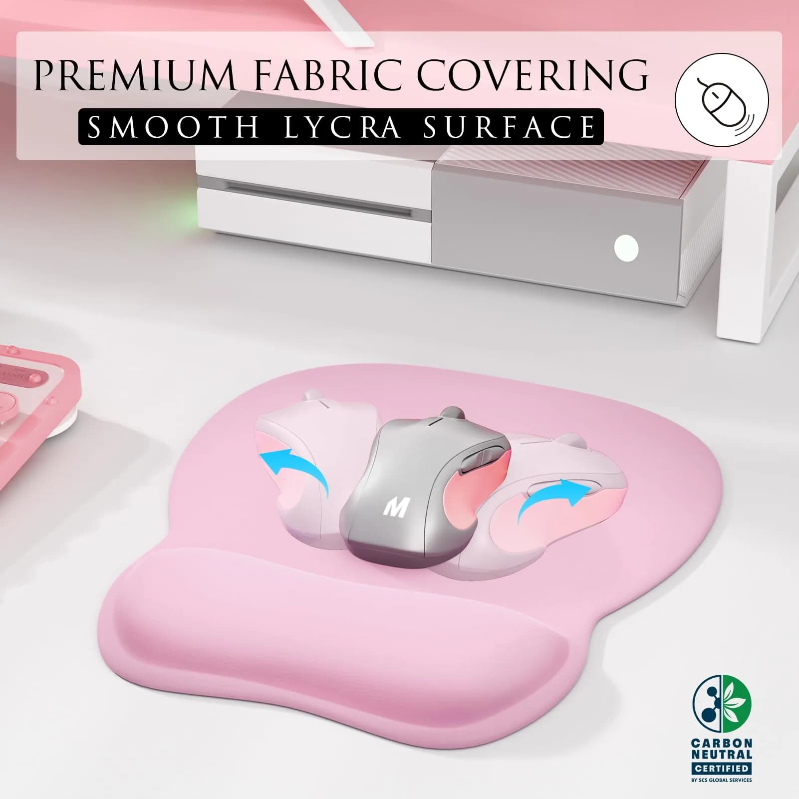 MROCO Ergonomic Mouse Pad with Gel Wrist Rest, 21.8 cm (8.6 in) x 24.4 cm (9.6 in), Pale Pink | Smooth Lycra Surface & Non-Slip PU Base - view 2