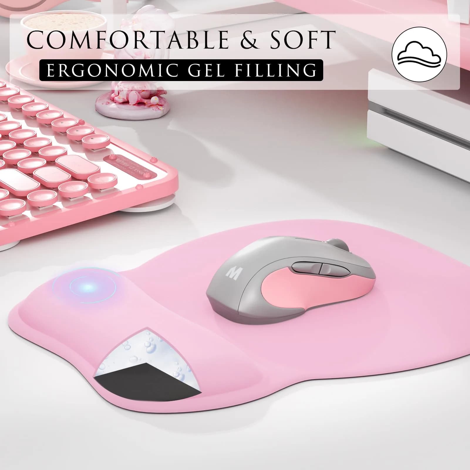 MROCO Ergonomic Mouse Pad with Gel Wrist Rest, 21.8 cm (8.6 in) x 24.4 cm (9.6 in), Pale Pink | Smooth Lycra Surface & Non-Slip PU Base - view 4