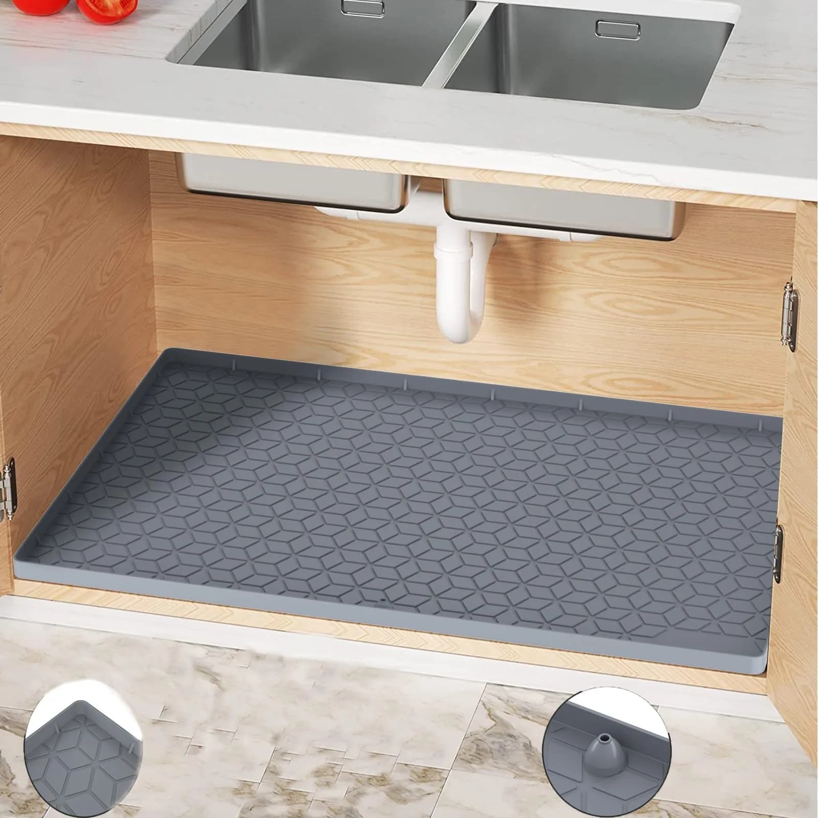 MIFADFAO Under Sink Mat 86cm x 56cm (34"x22") | Waterproof Silicone Liner with Drain Hole for Kitchen Cabinets & Counters — Gray