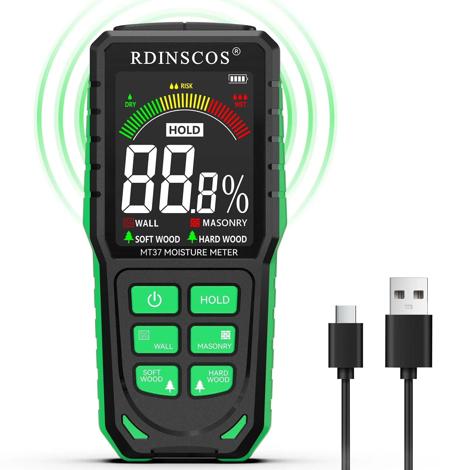 RDINSCOS Pinless Moisture Meter for Walls & Floors - Black-green, 19mm Deep Detection - main product image