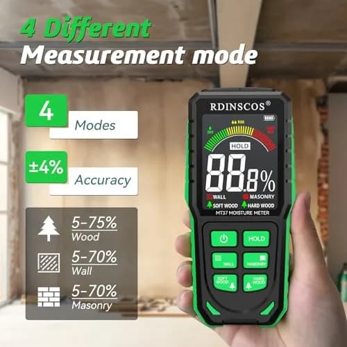 RDINSCOS Pinless Moisture Meter for Wall, Wood, Concrete & Drywall | 19mm Deep Scan, Rechargeable, Color Display thumbnail 6