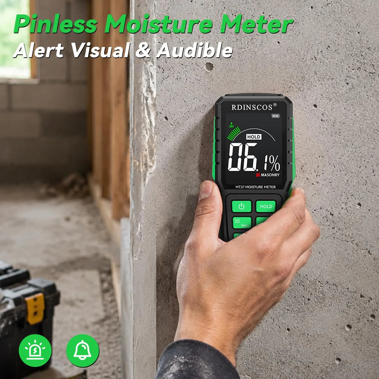 RDINSCOS Pinless Moisture Meter for Walls & Floors - Black-green, 19mm Deep Detection - view 3