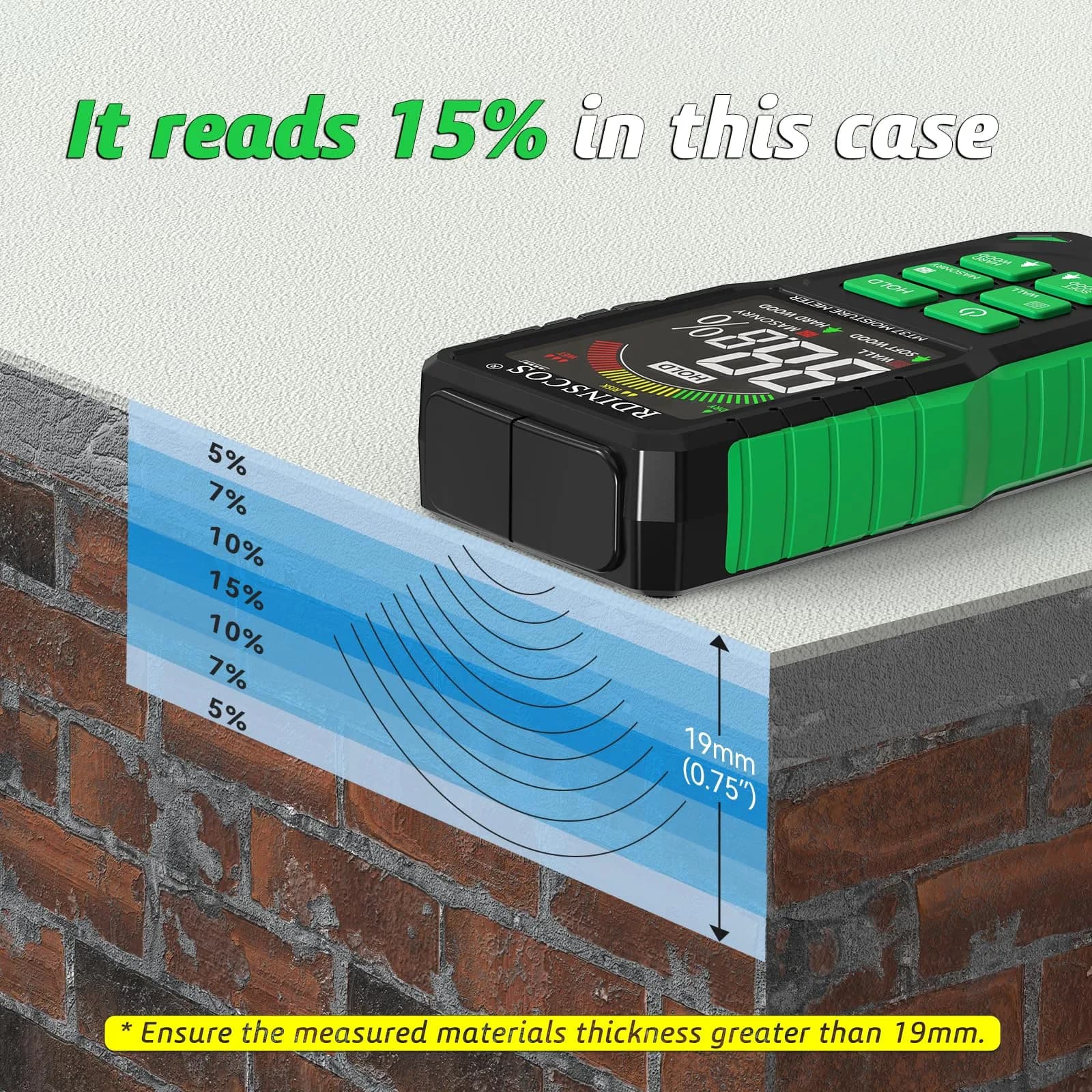 RDINSCOS Pinless Moisture Meter for Walls & Floors - Black-green, 19mm Deep Detection - view 4