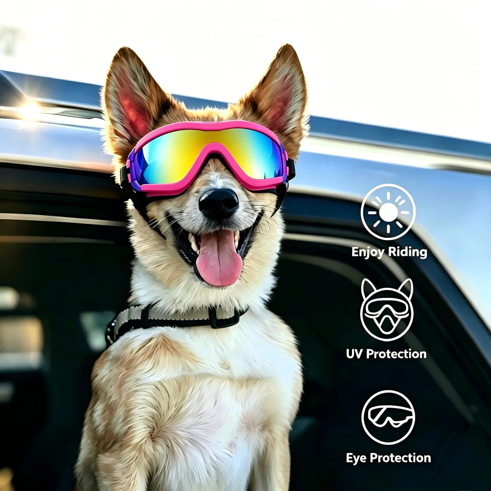NAMSAN Dog Sunglasses for Medium to Large Dogs, UV Protection Dog Goggles Large Breed, Pink | Adjustable Sporty Eyewear - view 6