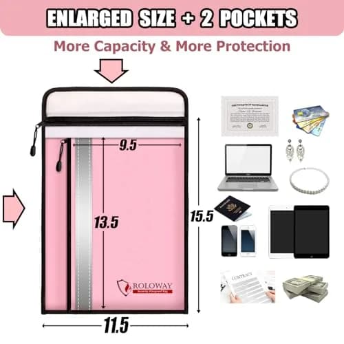 ROLOWAY Fireproof Document Bag (15.5 x 11.5 inch) with 2 Pockets and 5200°F Aluminum Foil Layer | Fireproof Safe for Valuables thumbnail 4