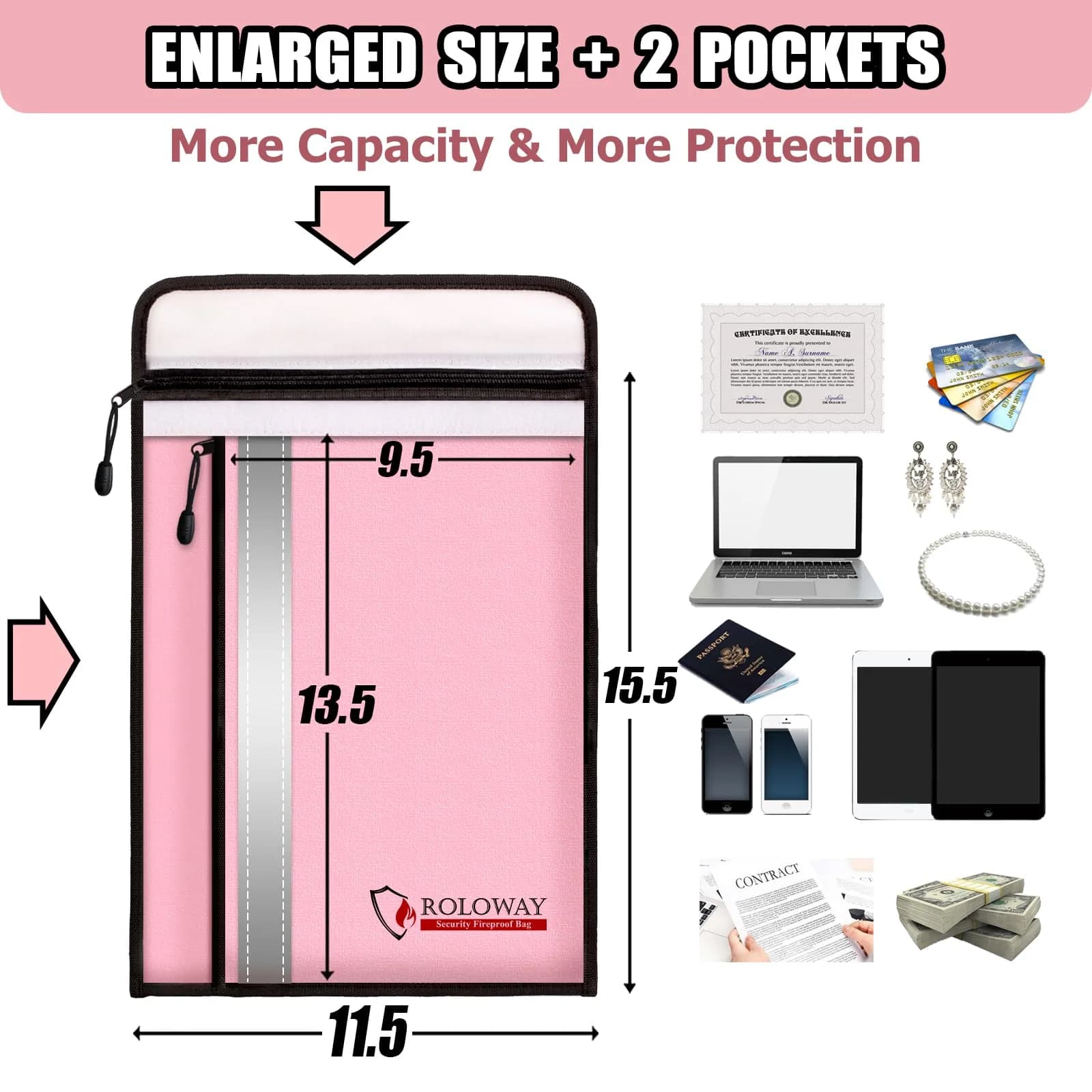 ROLOWAY Lovey Rose 5200℉ Fireproof Document Bag, 15.5 x 11.5 Inch with 2 Pockets - view 4