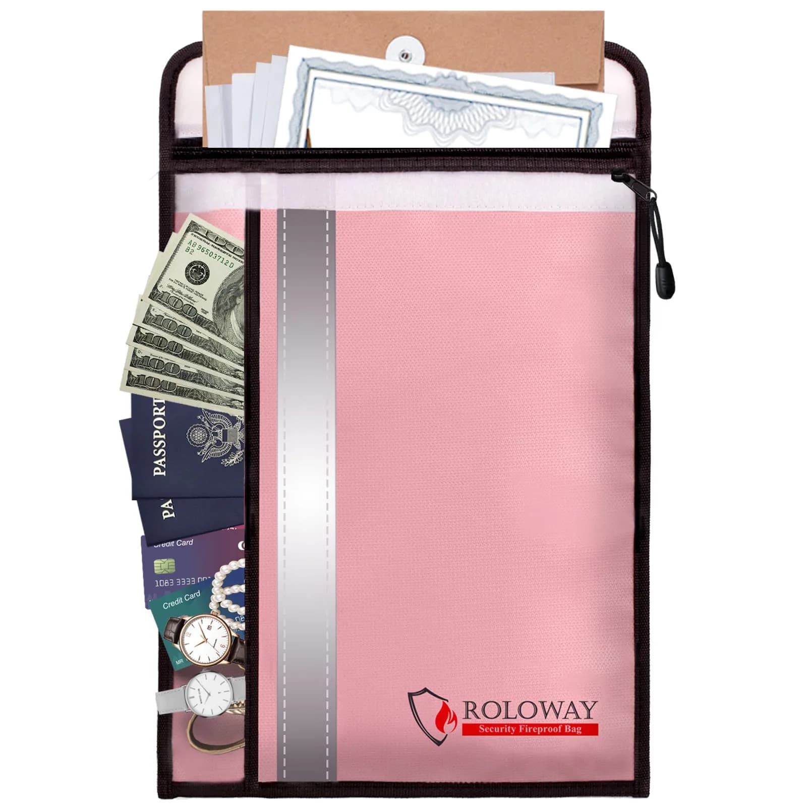 ROLOWAY Fireproof Document Bag 15 x 11 Inch (Lovey Rose) - Protects Cash & Documents - main product image