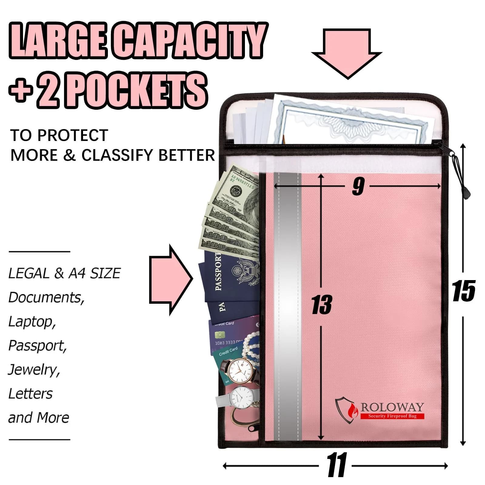 ROLOWAY Fireproof Document Bag 15 x 11 Inch (Lovey Rose) - Protects Cash & Documents - view 2