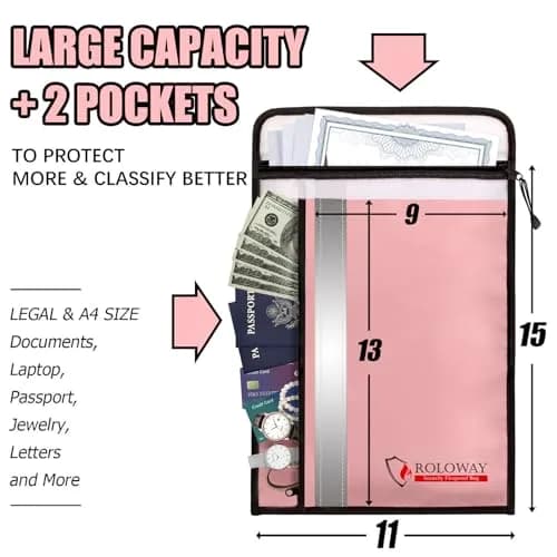 ROLOWAY Fireproof Document Bag 15 x 11 inch | Waterproof & Fire Resistant with 2 Pockets thumbnail 2