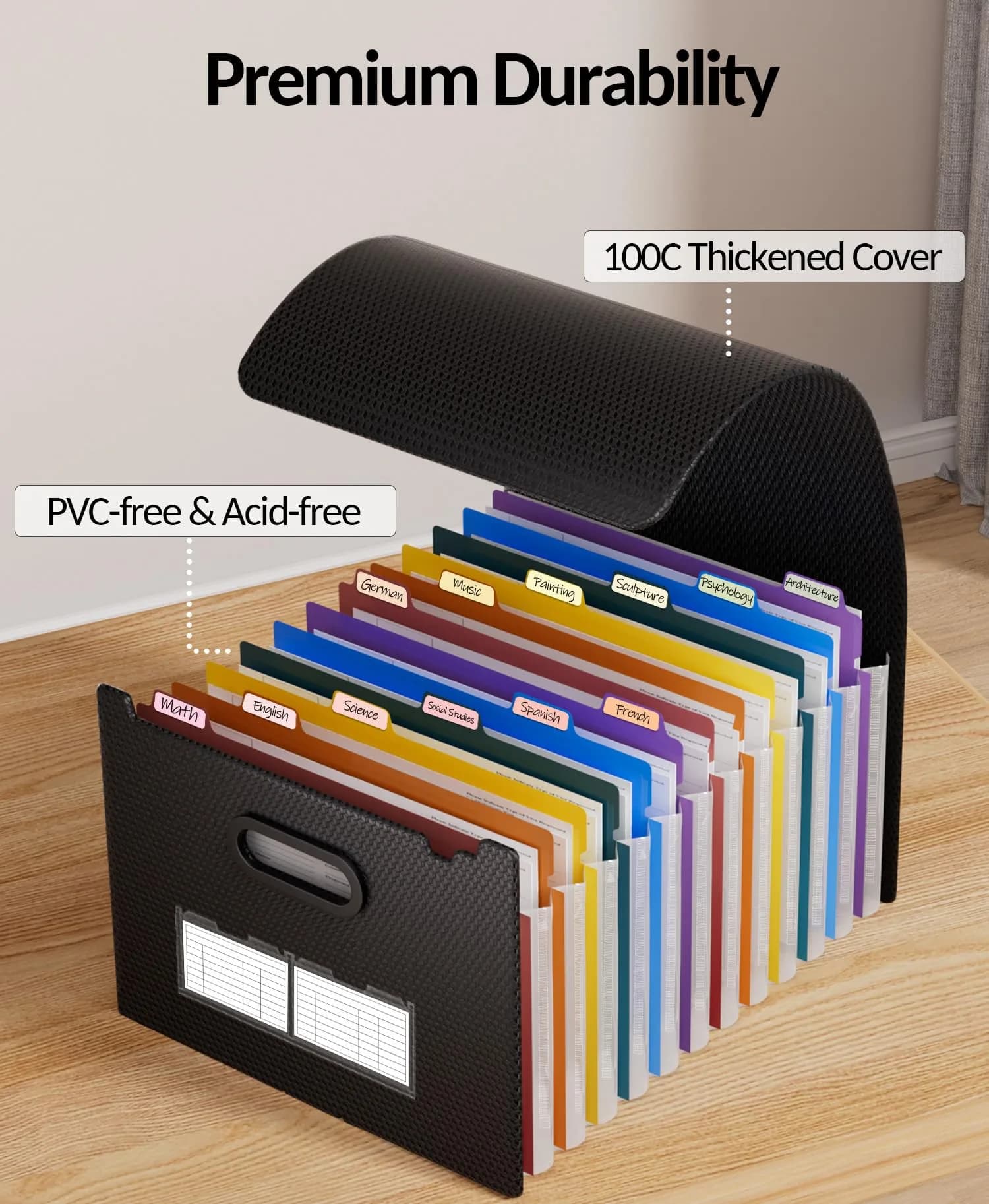 Sooez Accordion File Organizer, Black With Rainbow Pocket, 13" x 9.4" x 14" Expanding File Folder - view 4