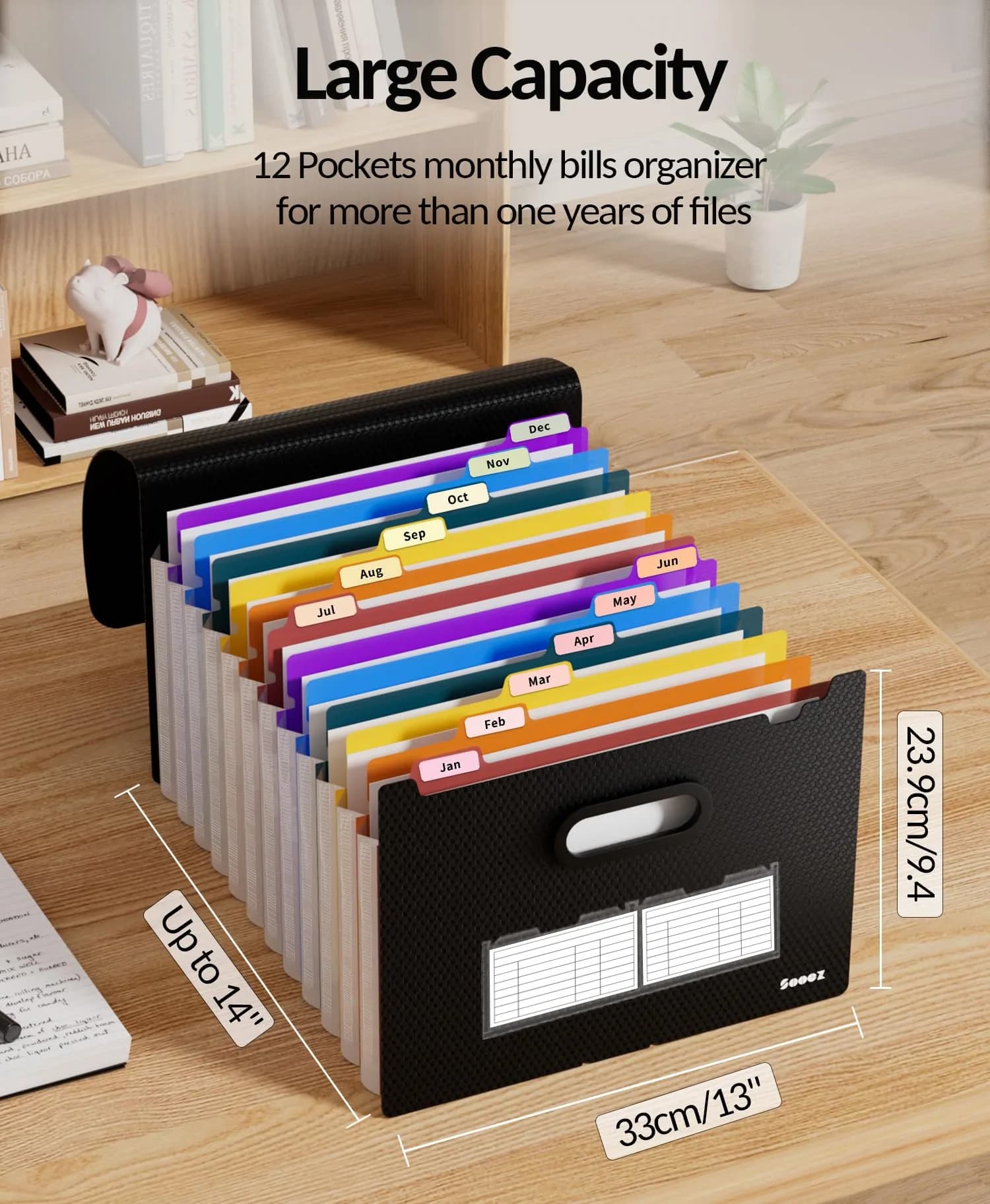 Sooez Accordion File Organizer, Black With Rainbow Pocket, 13" x 9.4" x 14" Expanding File Folder - view 3