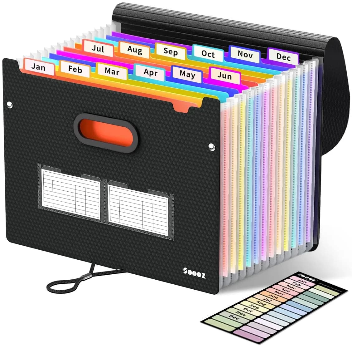 Sooez Accordion File Organizer, 13-Pocket Expanding File Folder Letter Size | Acid-Free Paper for Secure Document Storage — Black With Rainbow Pocket / 13" x 9.4" x 14"