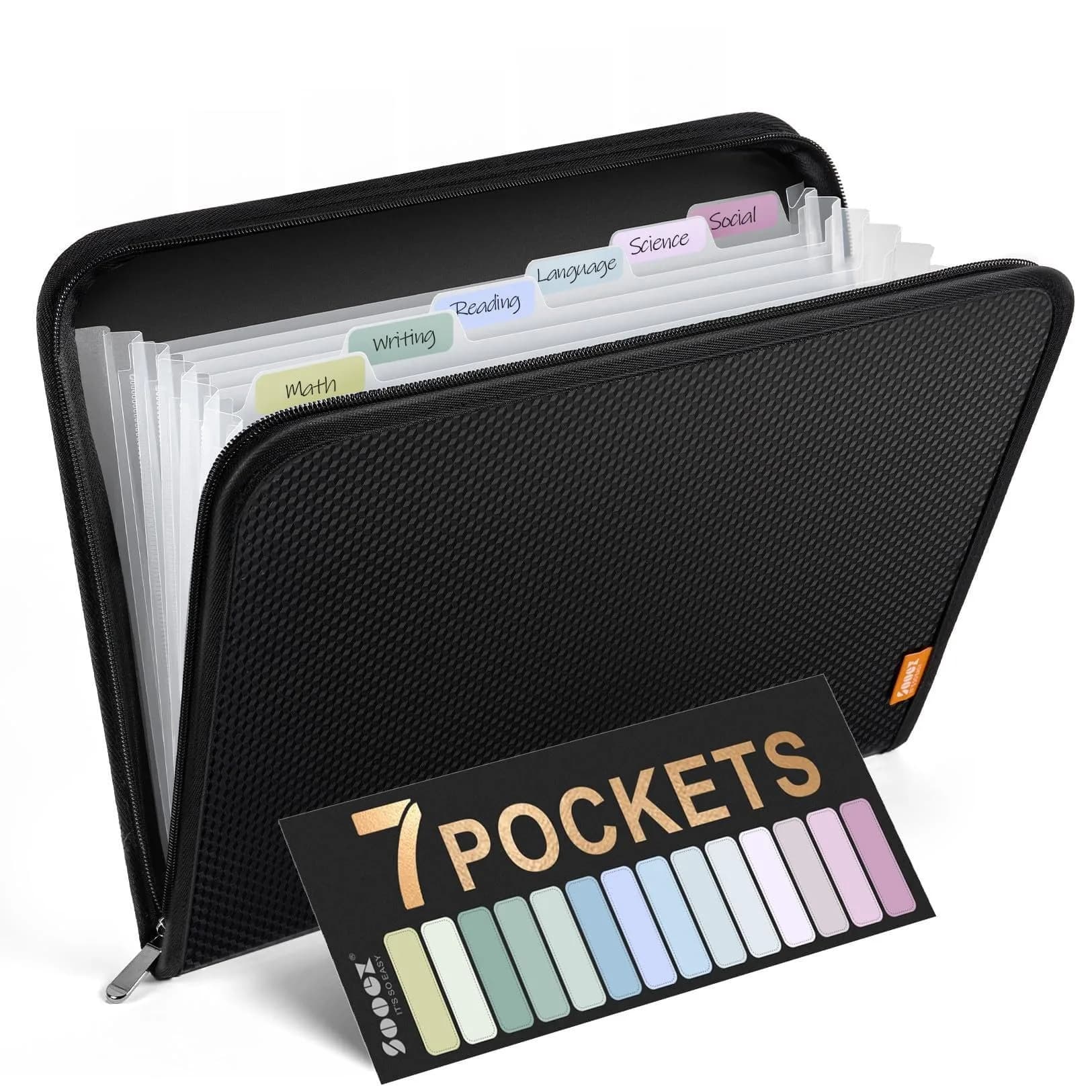Sooez 7 Pockets Accordion File Organizer, Zipper Expanding Folder A4 | Secure, Durable & Portable Office & School Storage