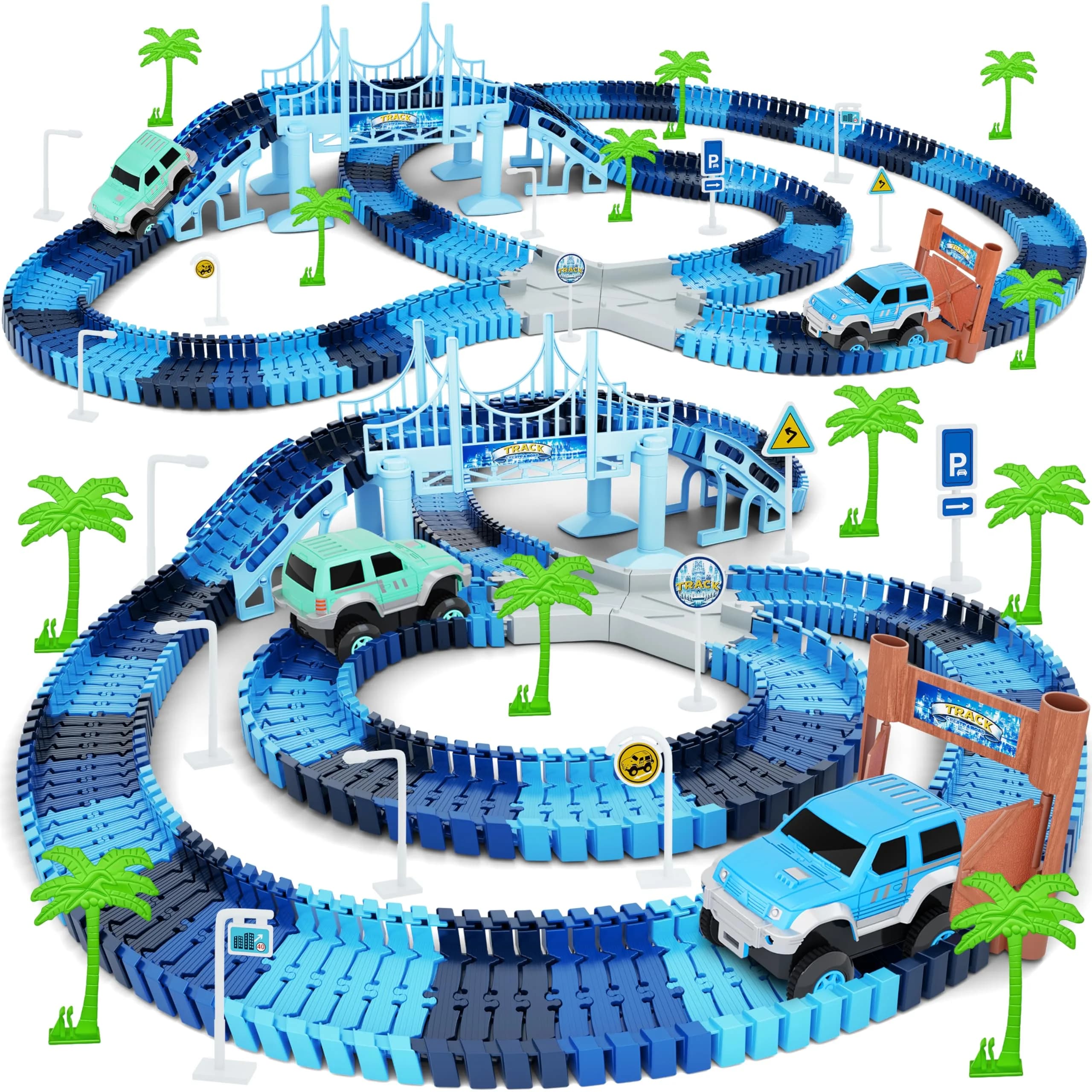 Toyk Track Car Toys, 269 PCS Frozen World Race Road Playset | Flexible Tracks & 2 Race Cars for Kids
