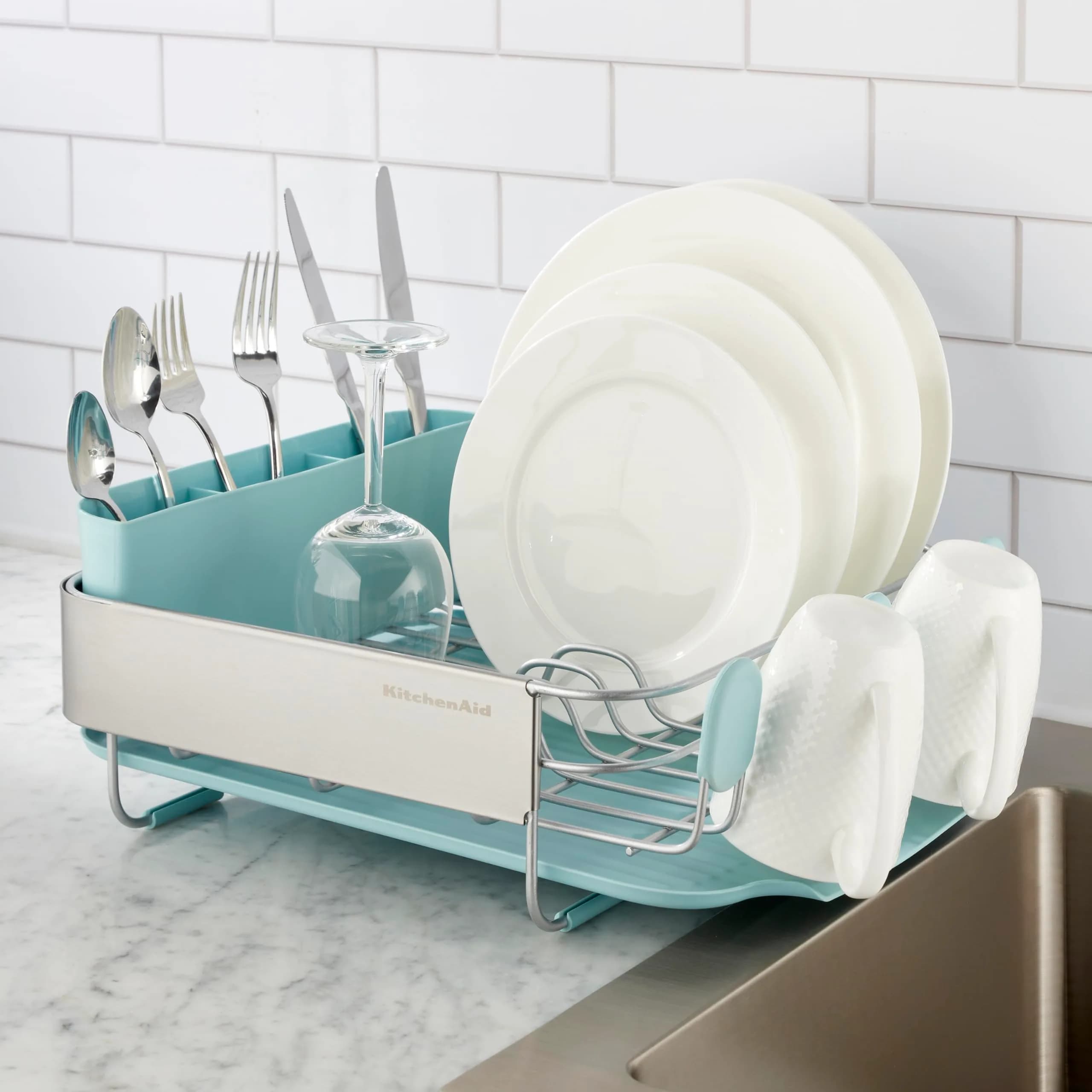 KitchenAid Compact Rust Resistant Dish Rack with Removable Flatware Caddy & Self-Draining Drainboard | Mineral Water - view 5