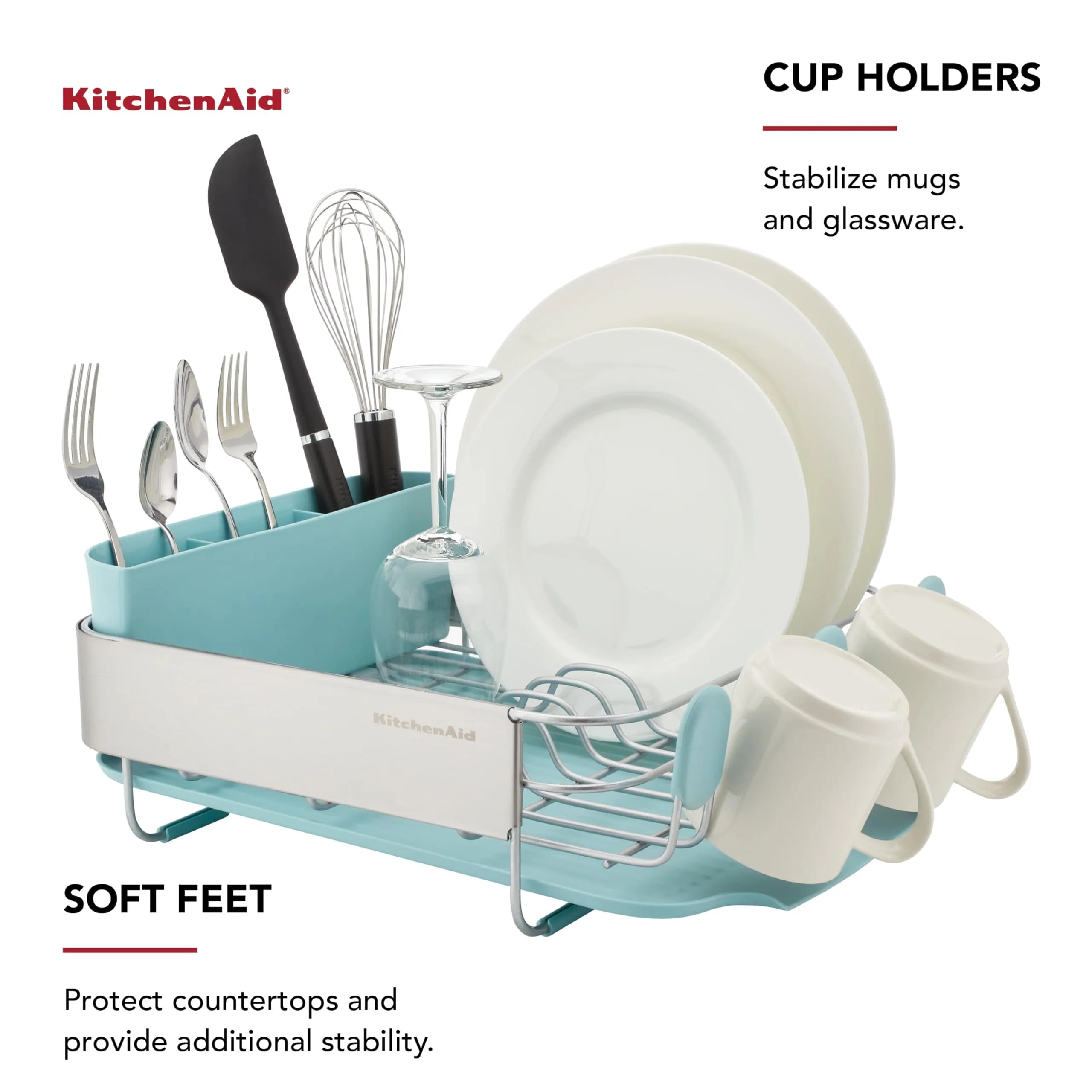 KitchenAid Compact Rust Resistant Dish Rack with Removable Flatware Caddy & Self-Draining Drainboard | Mineral Water thumbnail 3